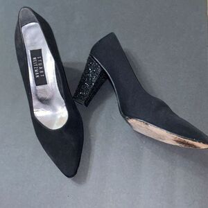 Stuart Weitzman black glittered block heels